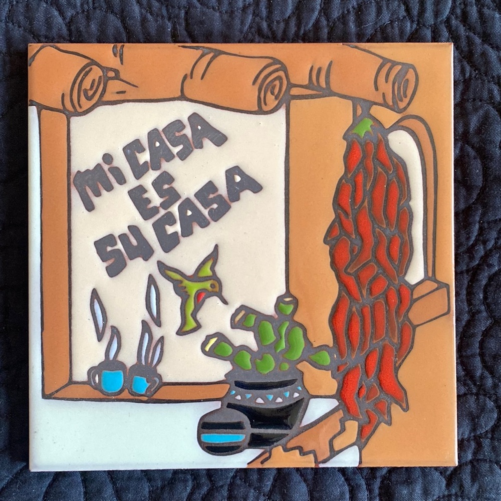 Mi Casa Es Su Casa terra cotta decorative hanging tile hummingbird cactus